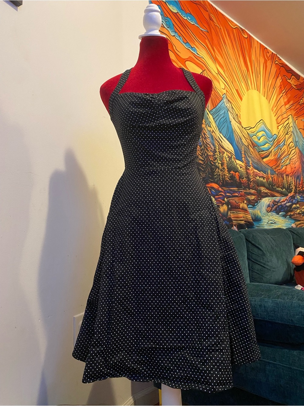 Vintage-Inspired Black Polka Dot Halter Mini Dress